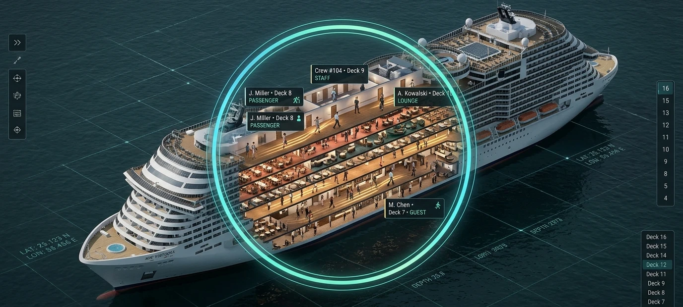 Isometric cruise ship digital twin simulation with a circular cutaway revealing multi-level decks, moving avatars, and name labels