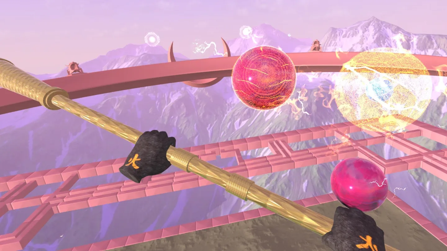 Kung Fu Beats VR gameplay showing the player striking glowing targets with staffs