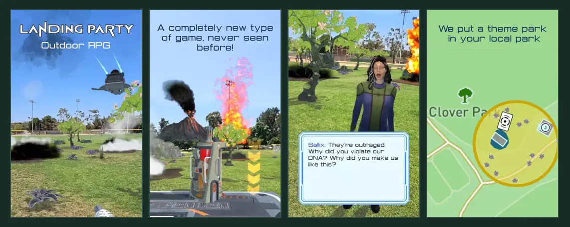 Landing Party gameplay collage showing outdoor AR combat, alien dialogue, and GPS park map