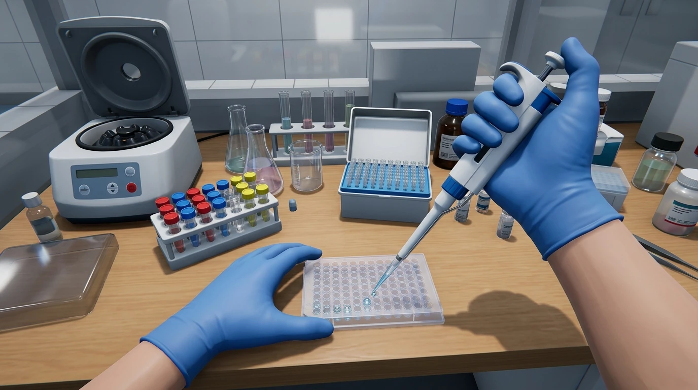 First-person VR pipetting training simulation showing 3D gloved hands dispensing liquid into a microplate in a laboratory