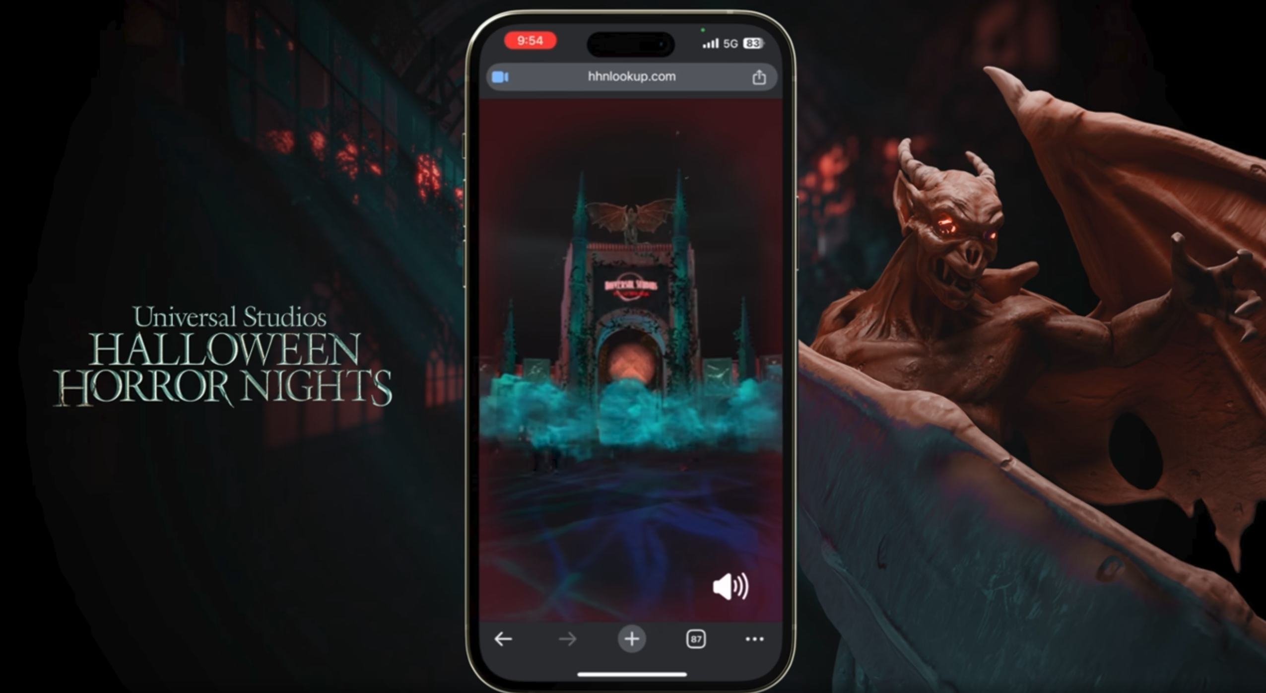 Universal Halloween Horror Nights WebAR experience shown on a phone beside a gargoyle